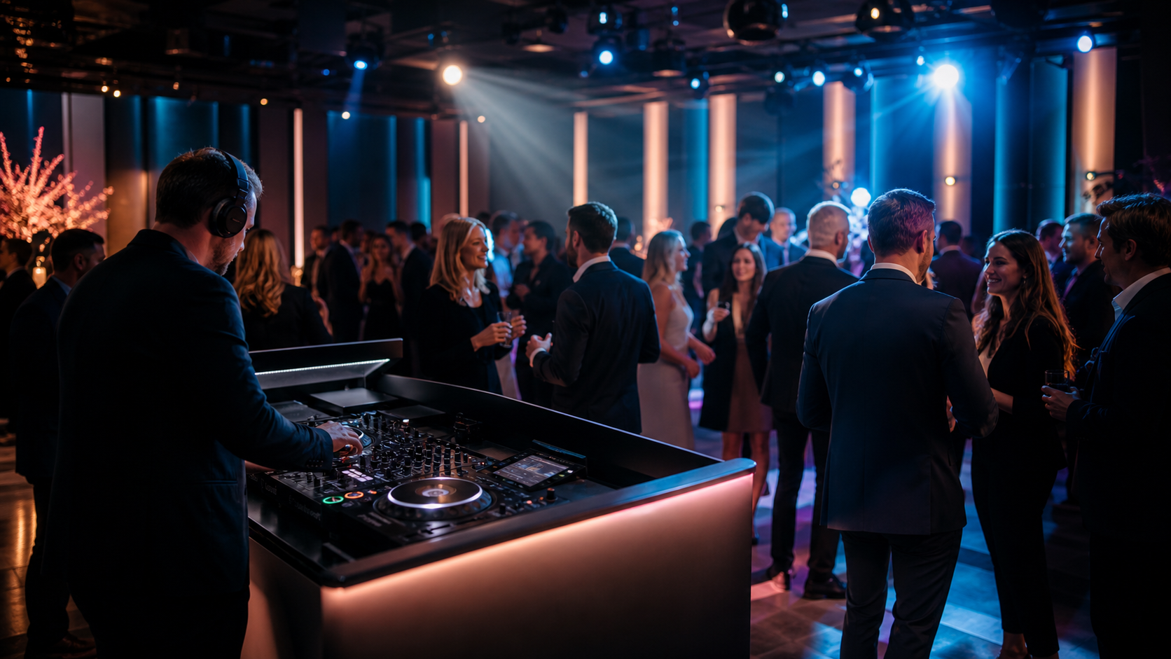 Elegante Firmenfeier mit DJ-Pult, Licht und G&auml;sten im Abendambiente