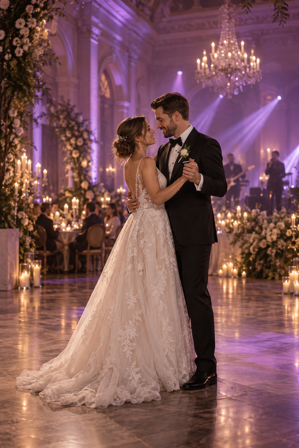 Brautpaar beim Hochzeitstanz zwischen Kerzenlicht und sanften lilafarbenen Lichtstrahlen